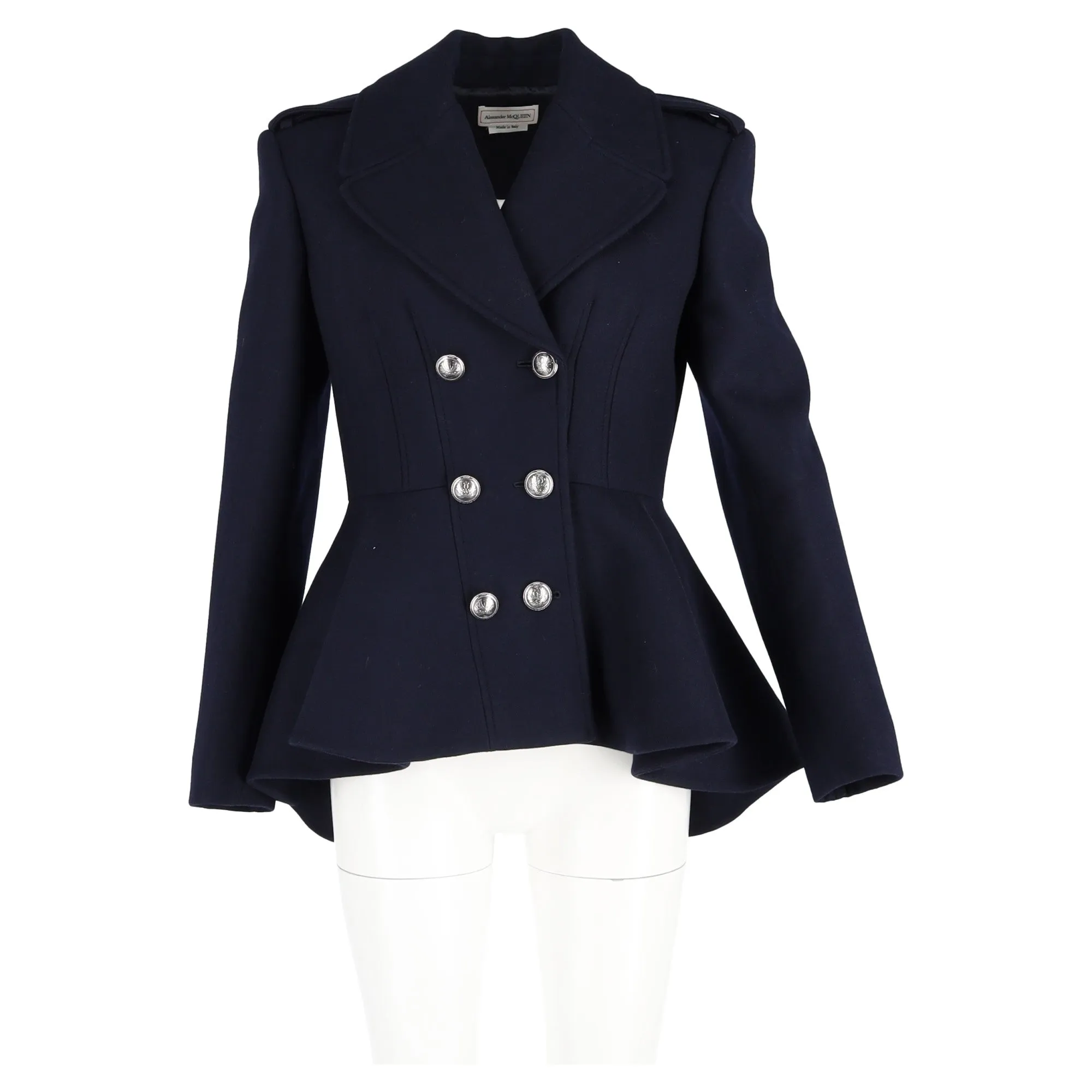 Alexander McQueen Peplum-Hem Double-breasted Blazer In Navy Blue Wool
