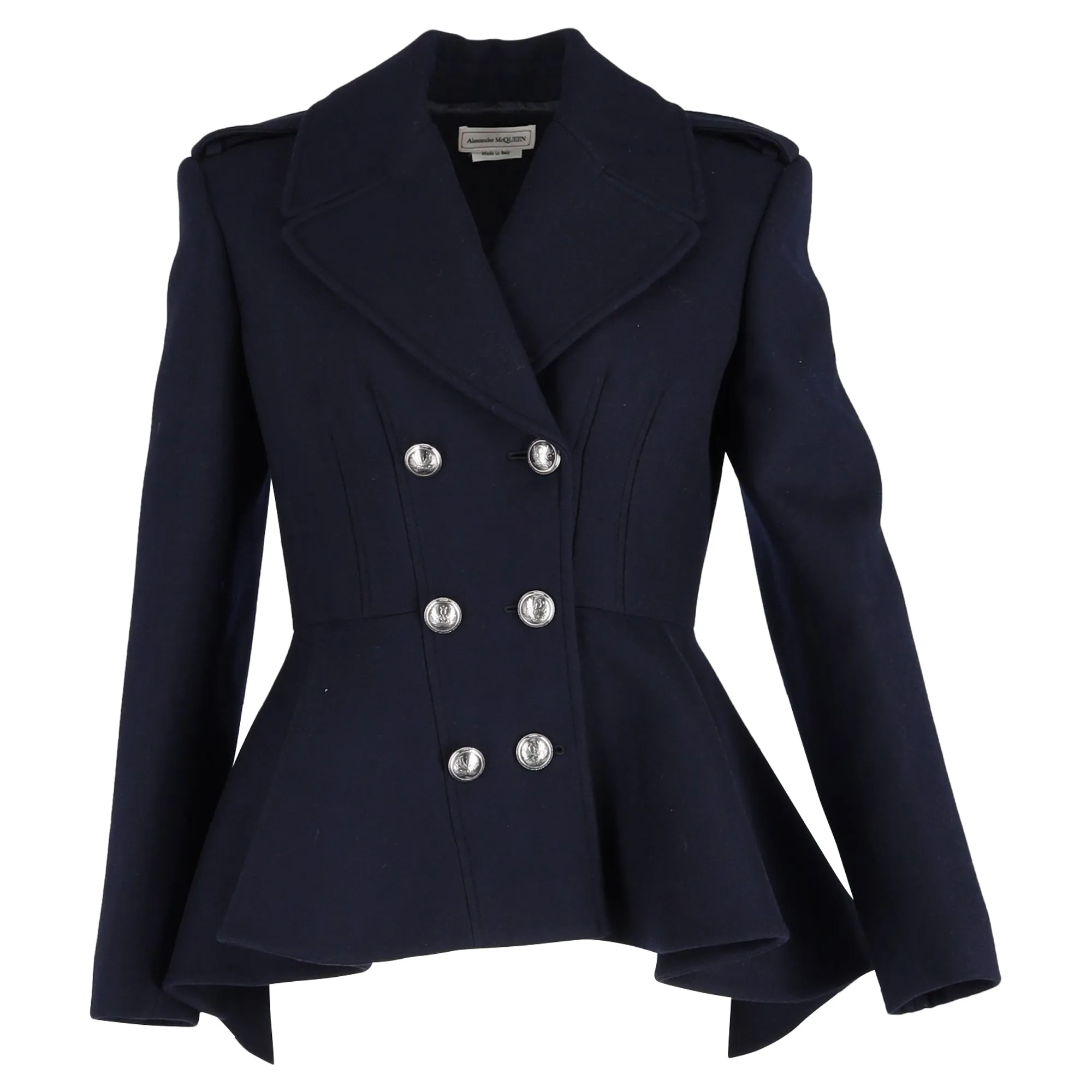 Alexander McQueen Peplum-Hem Double-breasted Blazer In Navy Blue Wool