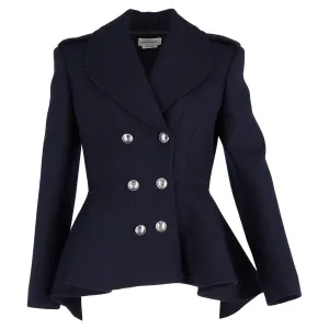 Alexander McQueen Peplum-Hem Double-breasted Blazer In Navy Blue Wool