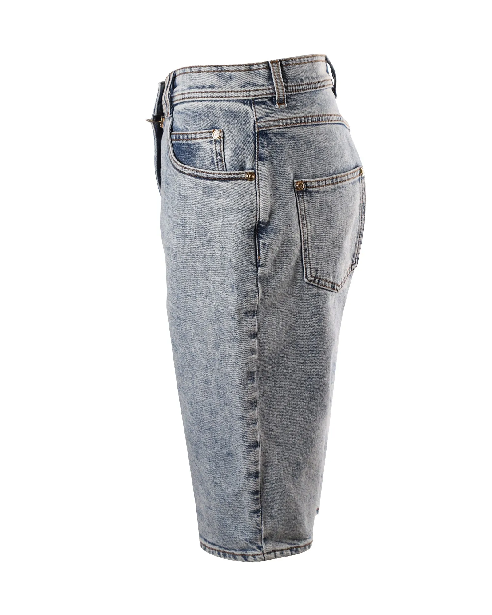 Balmain Biker Shorts in Light Blue Cotton Denim