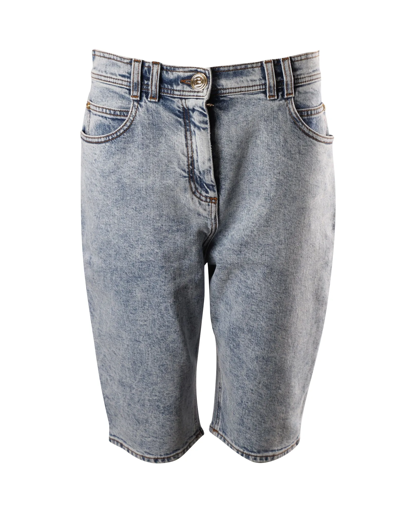 Balmain Biker Shorts in Light Blue Cotton Denim