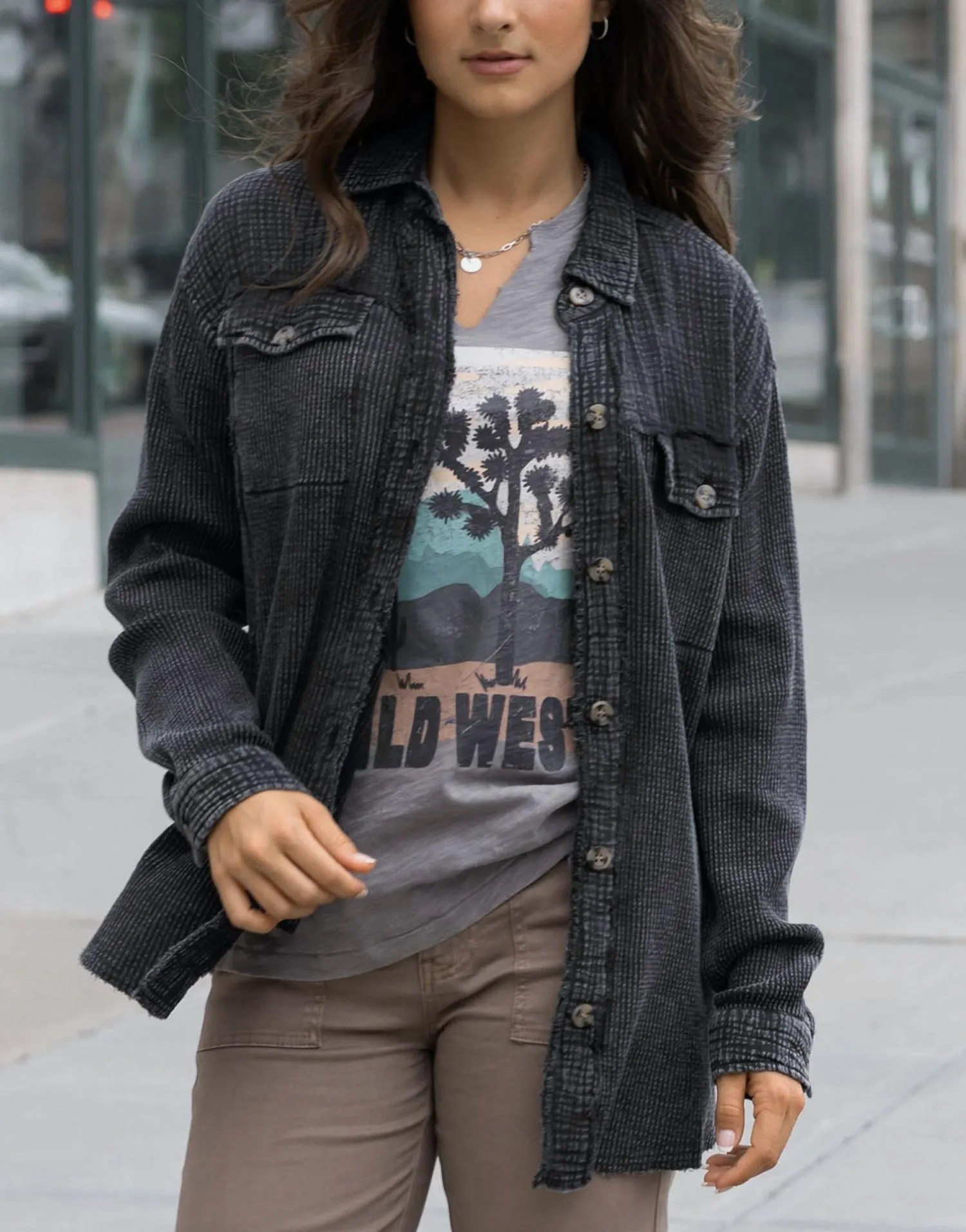 Boyfriend Long Sleeve Button Up Shacket In Black