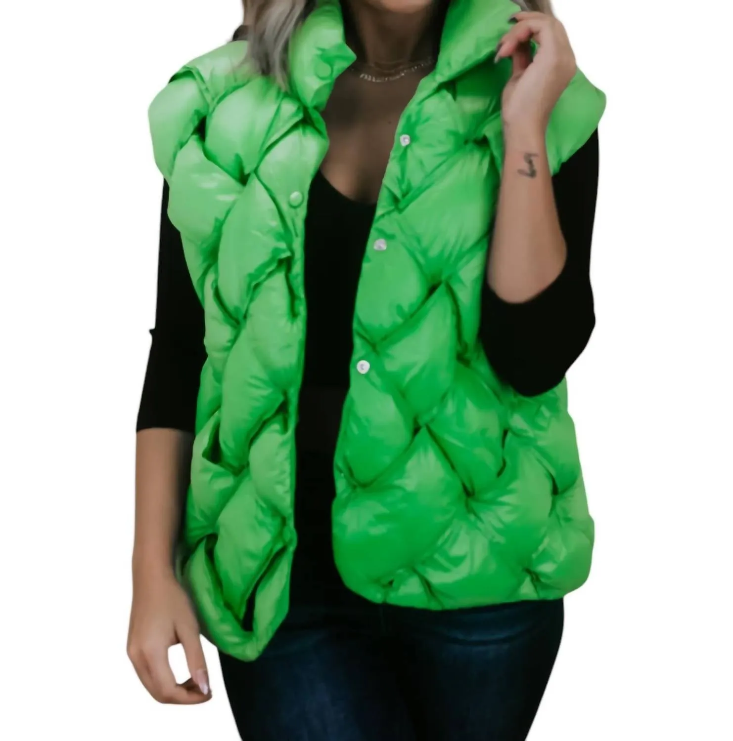 Button Woven Puffer Vest In Green