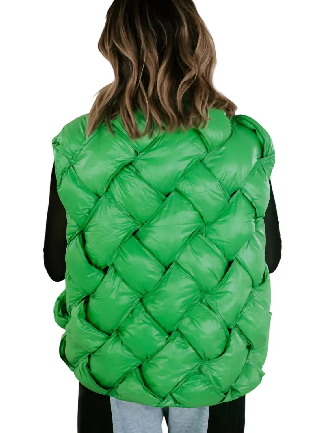 Button Woven Puffer Vest In Green