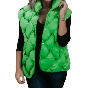 Button Woven Puffer Vest In Green