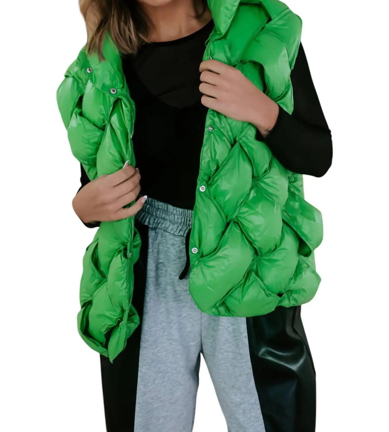 Button Woven Puffer Vest In Green