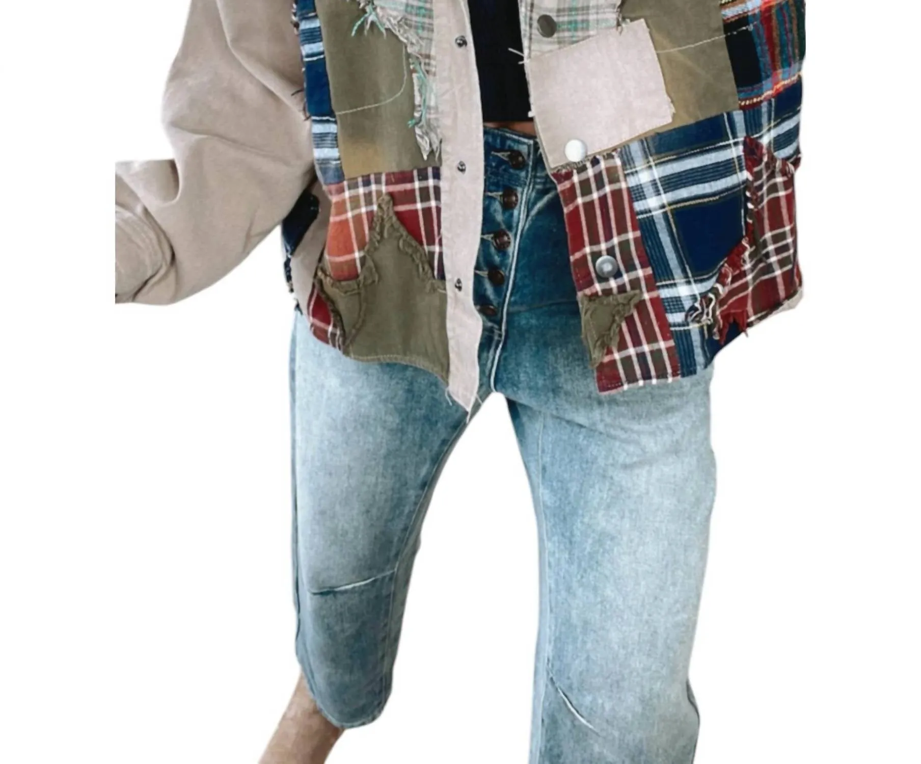 Care Free Plaid Patch Button Down Jacket In Khaki