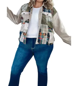 Care Free Plaid Patch Button Down Jacket In Khaki