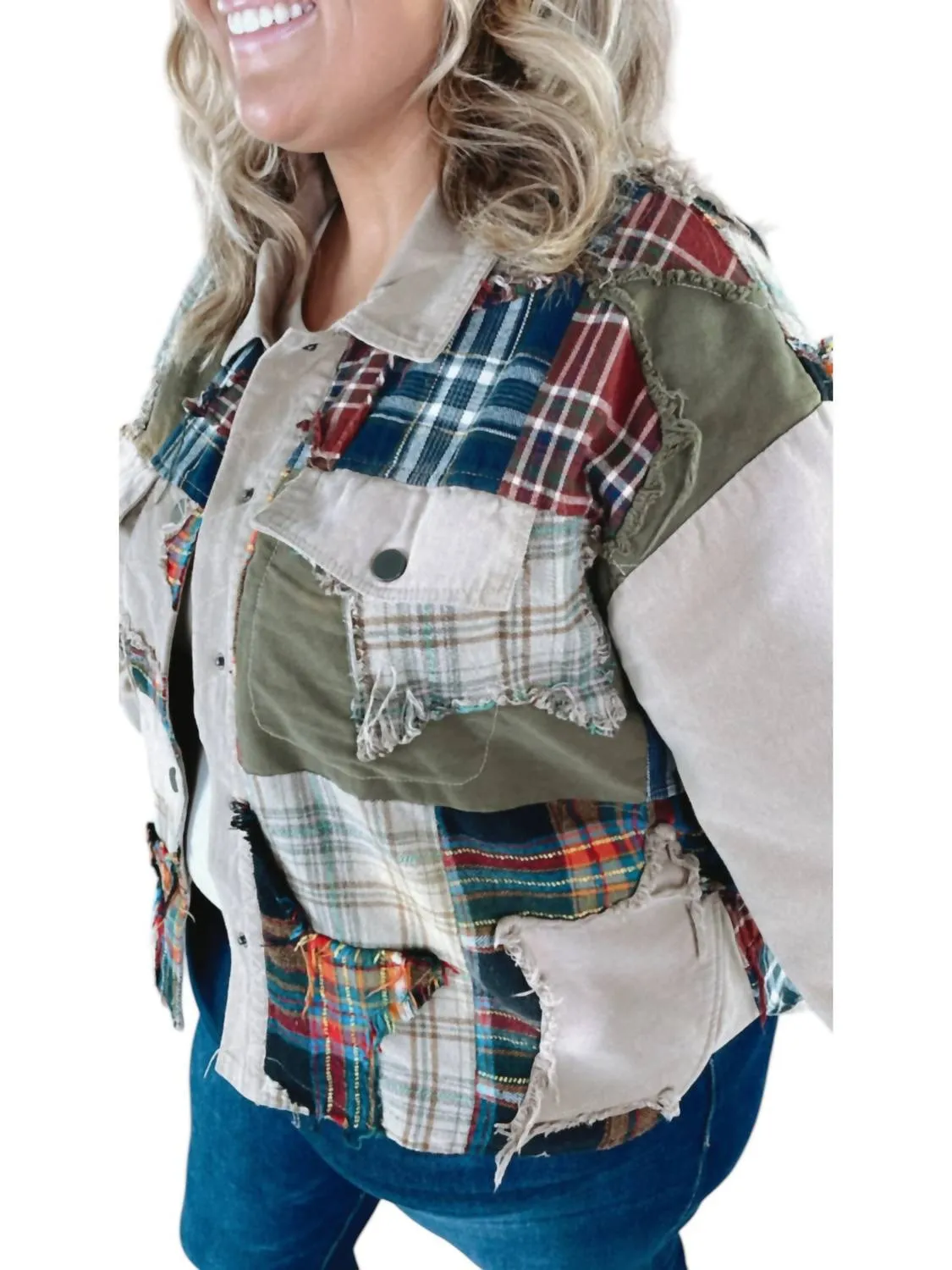 Care Free Plaid Patch Button Down Jacket In Khaki
