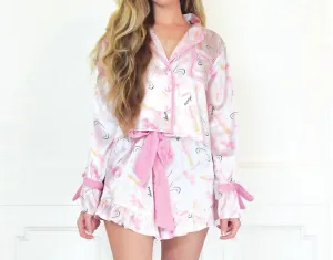 Celebrate Satin Ruffle Short Pj Set In Pink