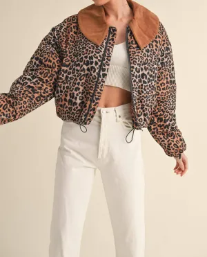 Collared Padded Jacket In Leopard