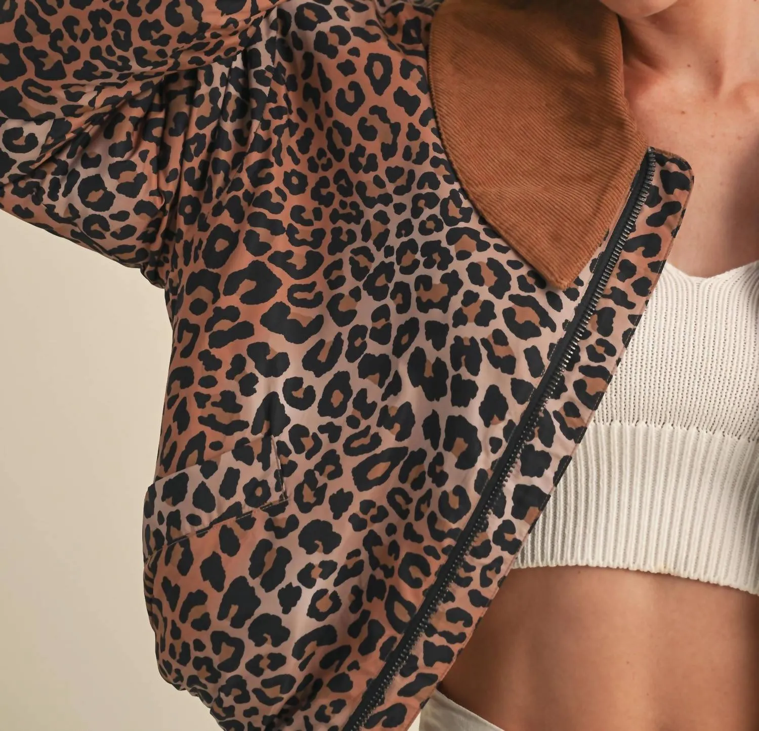 Collared Padded Jacket In Leopard