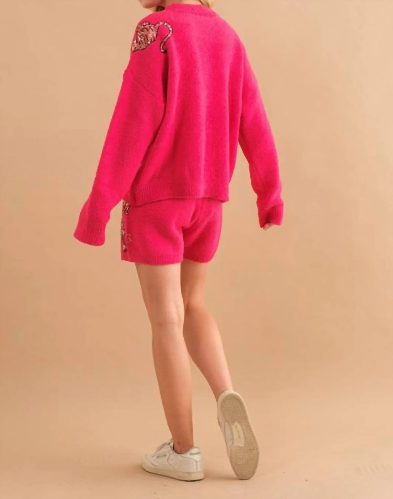 Cozy Soft Knitted Tiger Star Lounge Set In Hot Pink