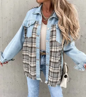 Denim Brown Plaid Shacket In Blue