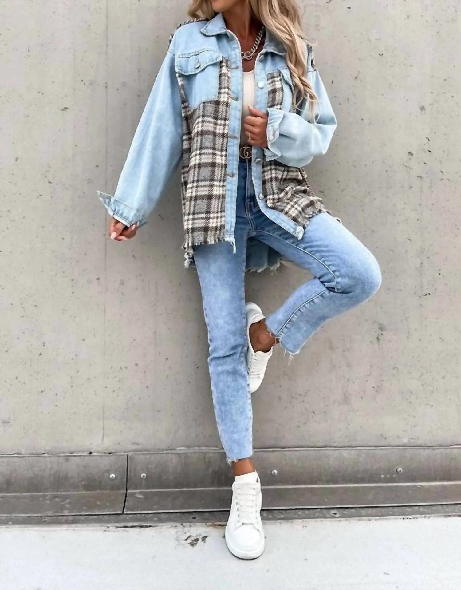 Denim Brown Plaid Shacket In Blue