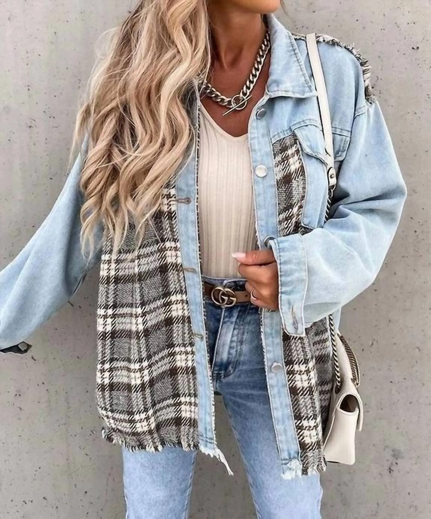 Denim Brown Plaid Shacket In Blue