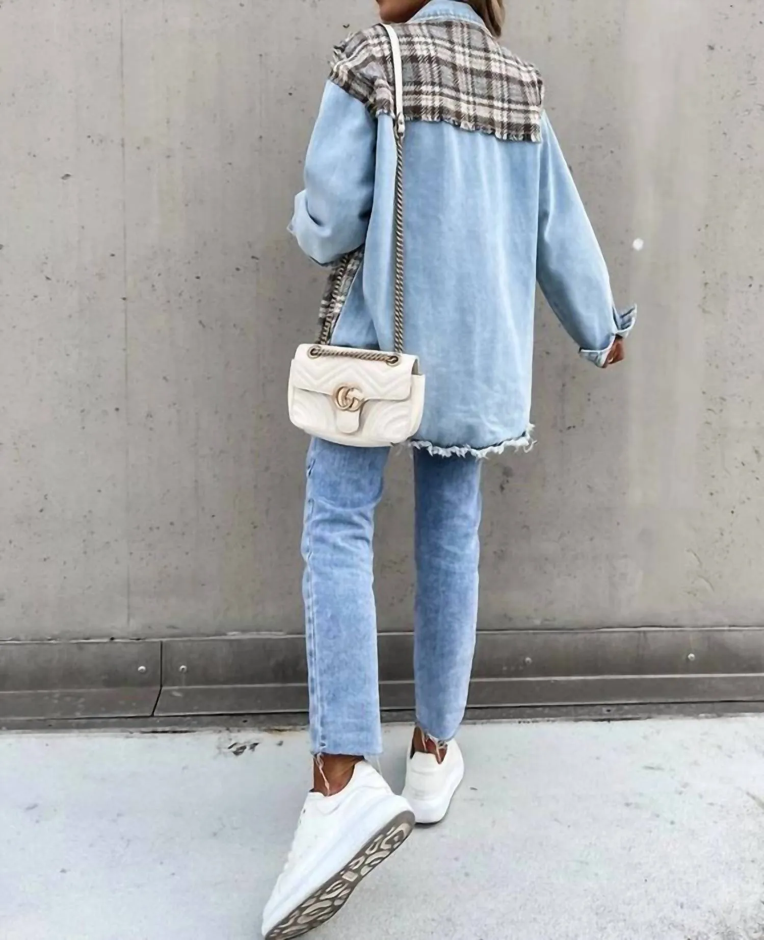 Denim Brown Plaid Shacket In Blue