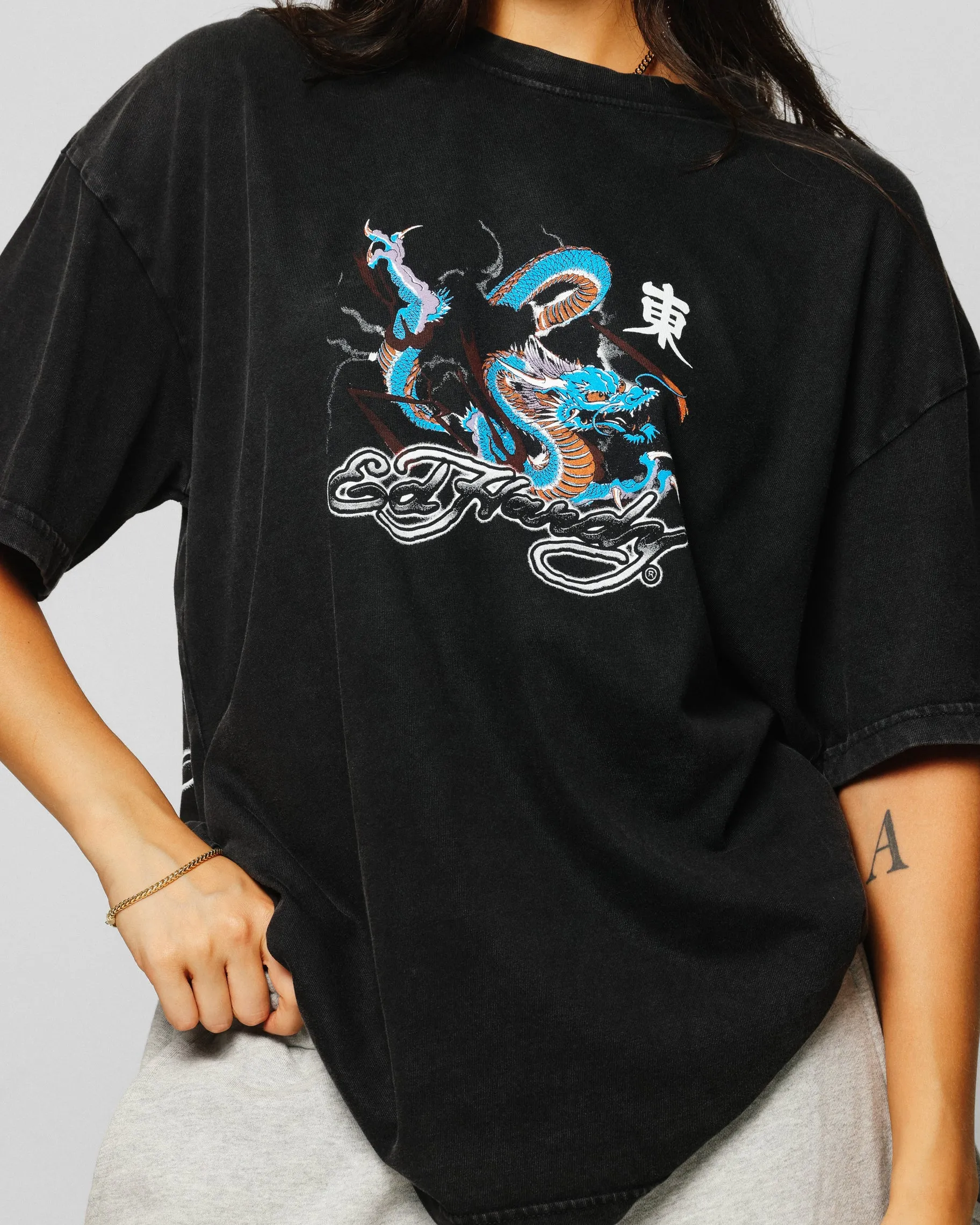 Ed Hardy Dragon Chest T-Shirt Black Acidwash
