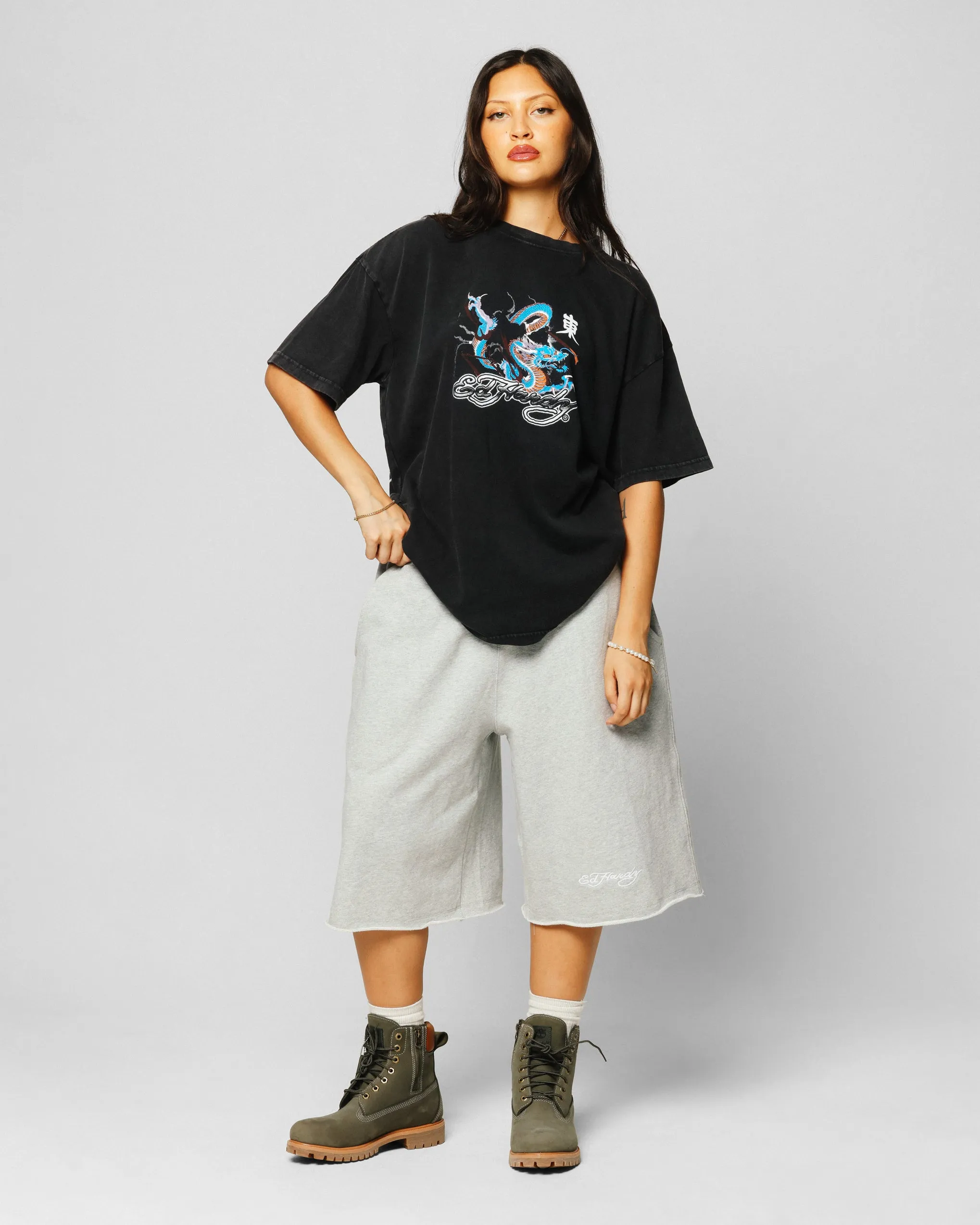 Ed Hardy Dragon Chest T-Shirt Black Acidwash