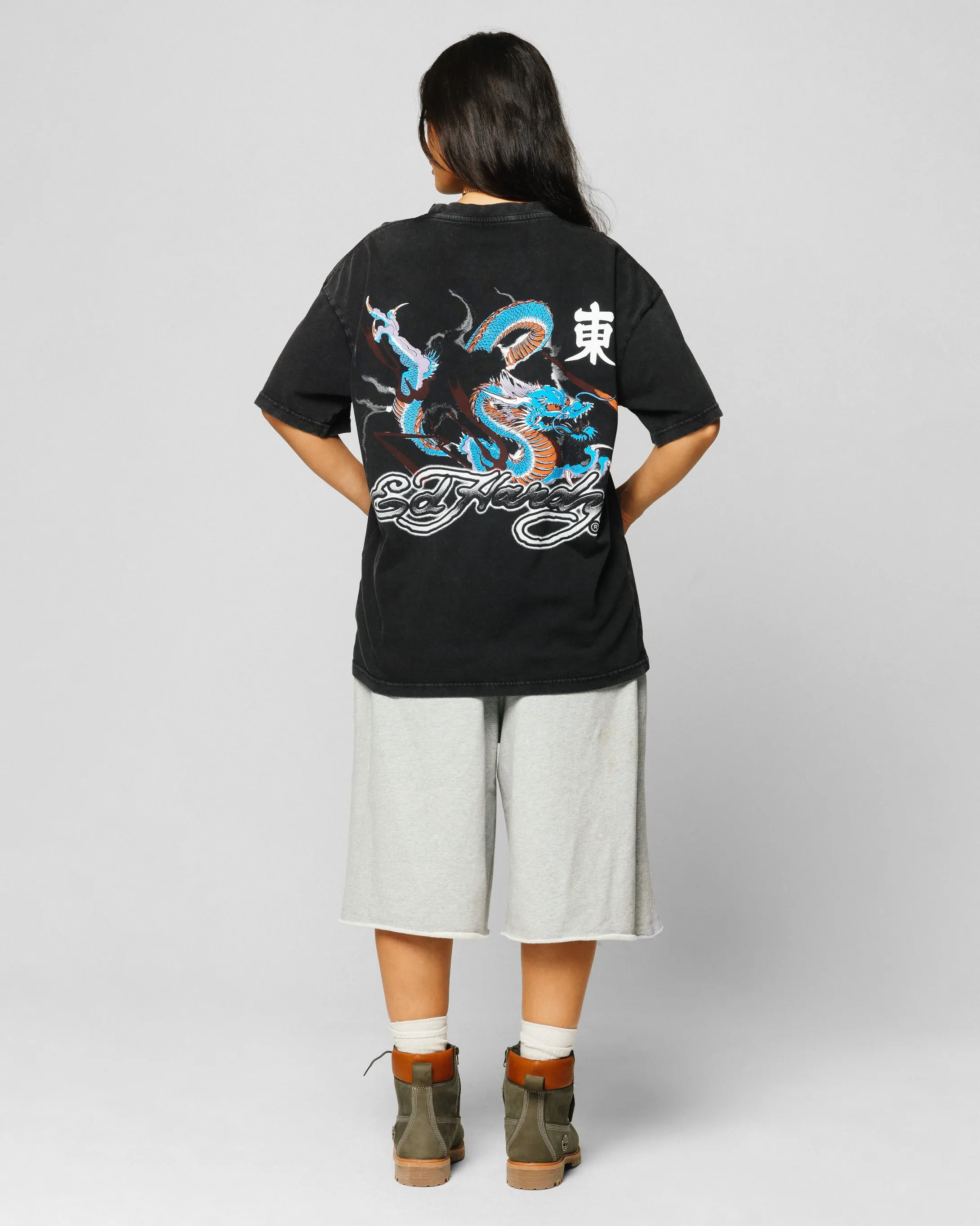 Ed Hardy Dragon Chest T-Shirt Black Acidwash