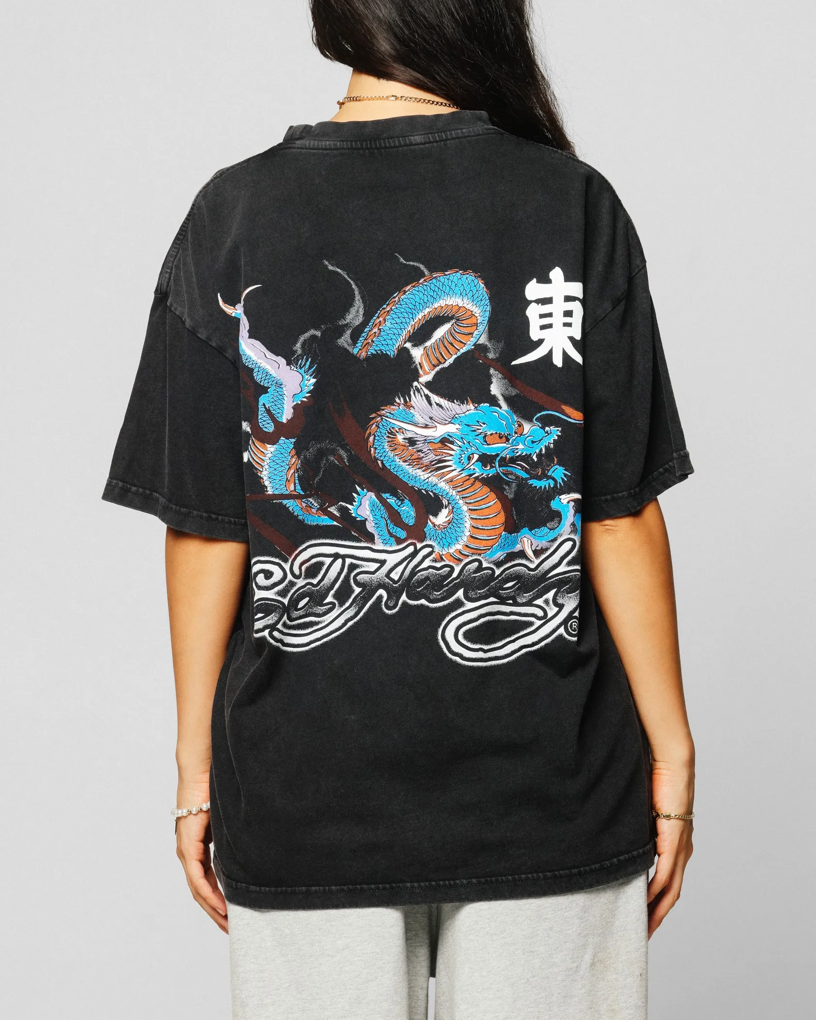 Ed Hardy Dragon Chest T-Shirt Black Acidwash