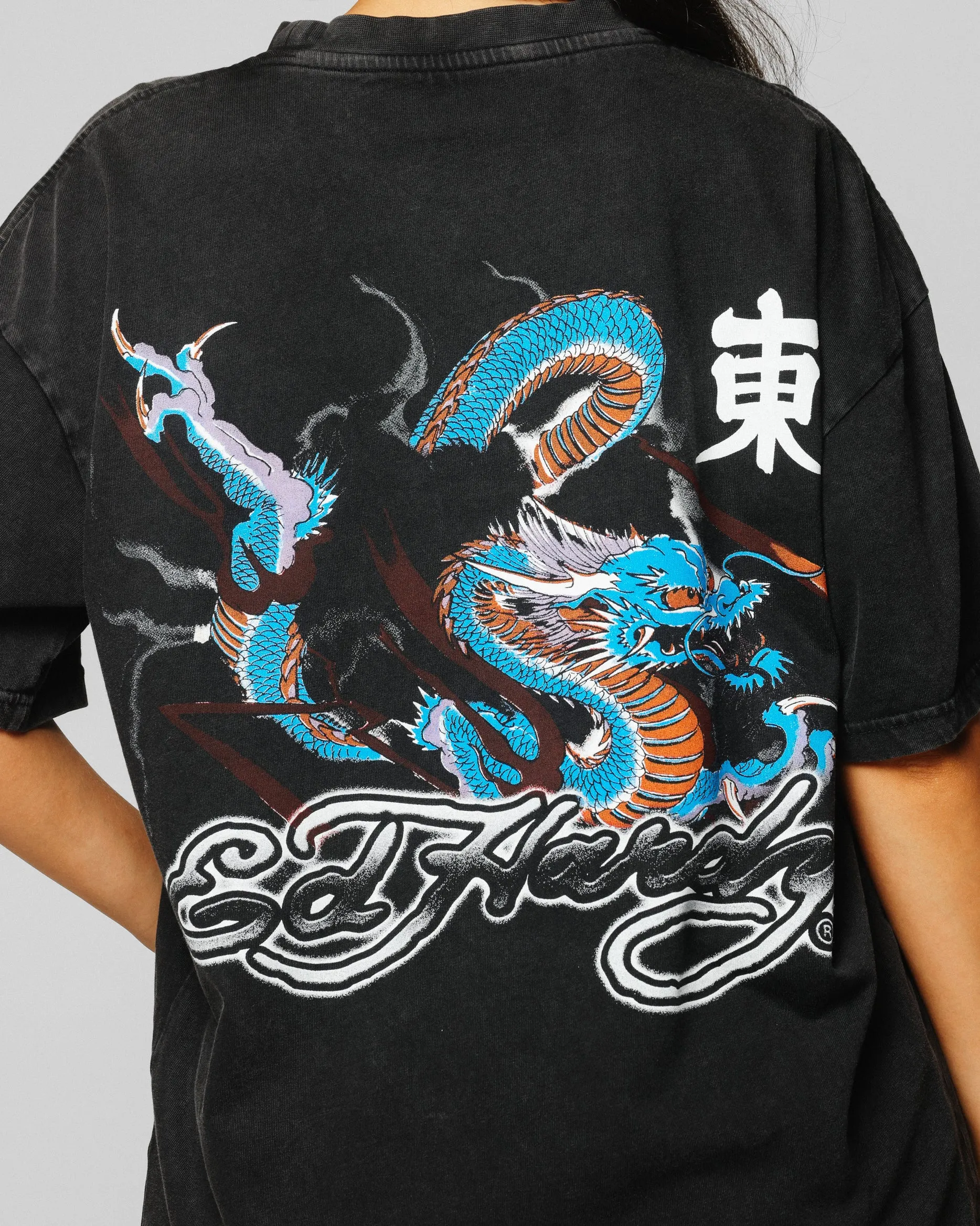 Ed Hardy Dragon Chest T-Shirt Black Acidwash