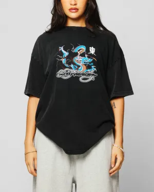 Ed Hardy Dragon Chest T-Shirt Black Acidwash