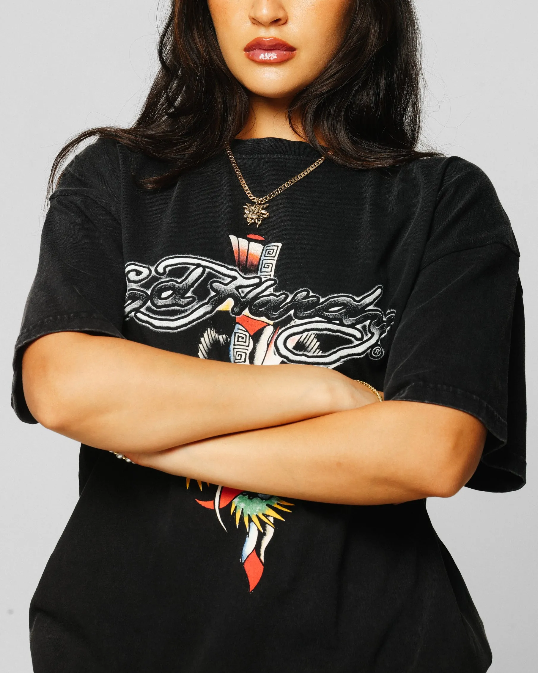Ed Hardy Dragon Logo T-Shirt Black Acidwash