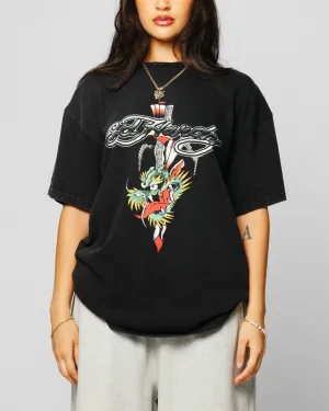 Ed Hardy Dragon Logo T-Shirt Black Acidwash