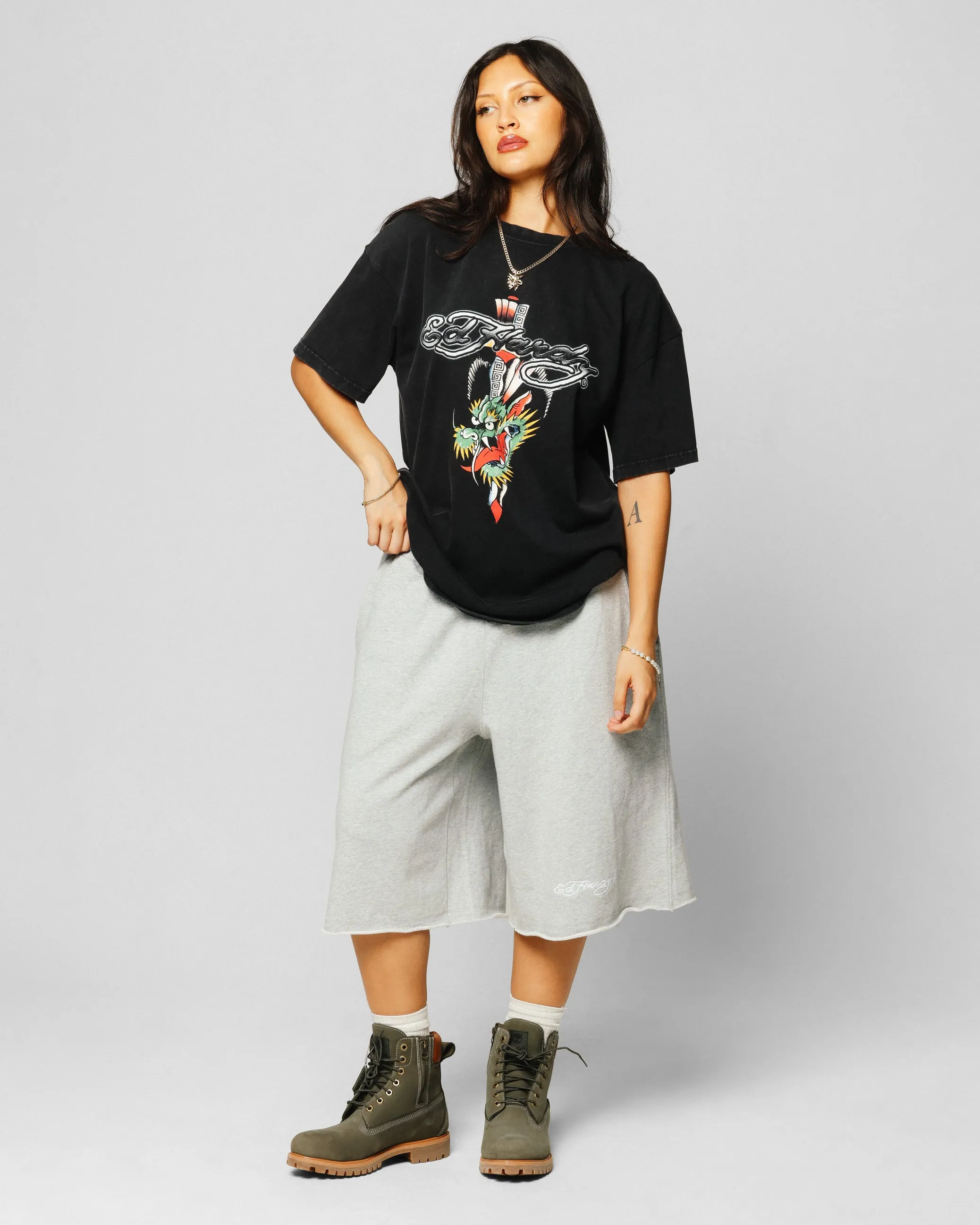 Ed Hardy Dragon Logo T-Shirt Black Acidwash