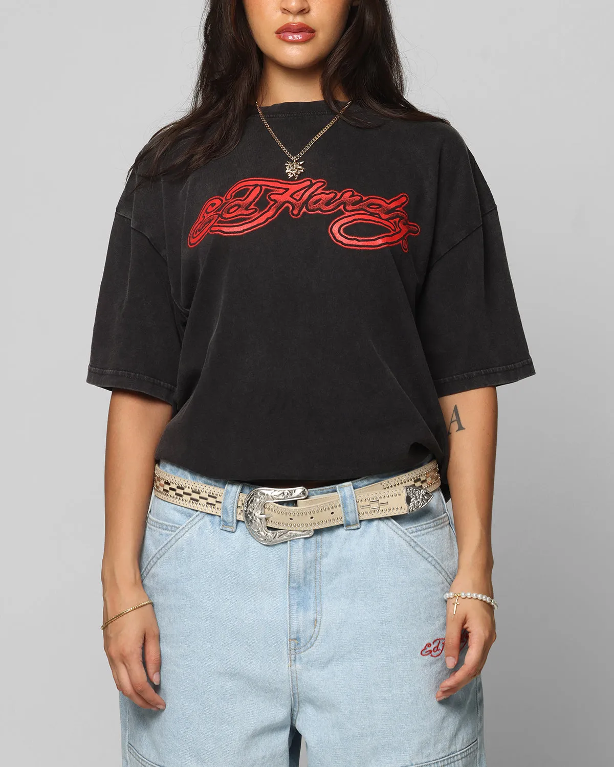 Ed Hardy Tribal T-Shirt Black Acidwash