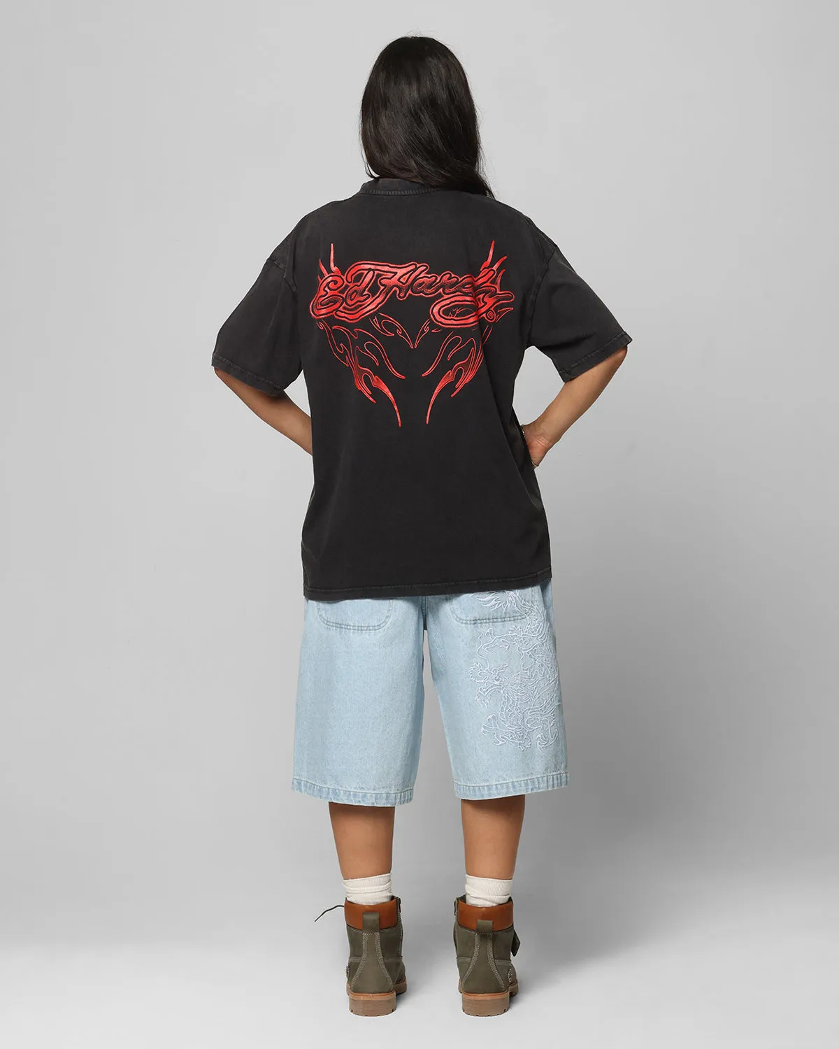 Ed Hardy Tribal T-Shirt Black Acidwash