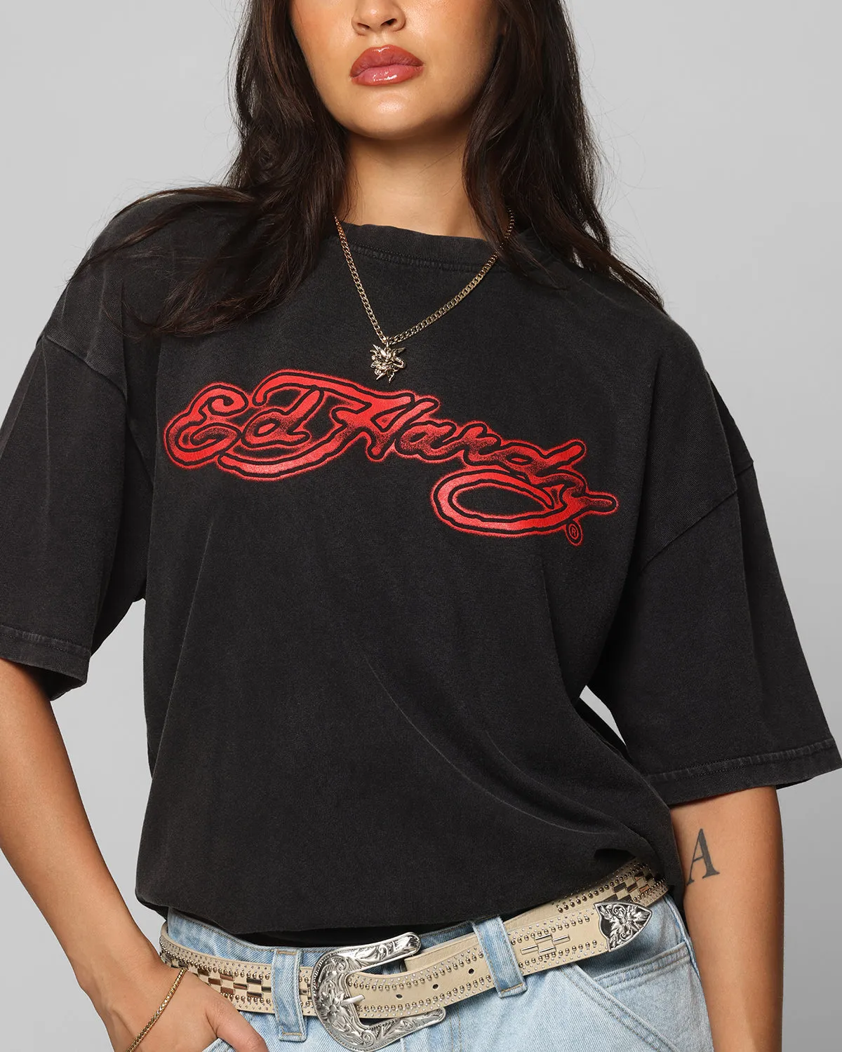 Ed Hardy Tribal T-Shirt Black Acidwash