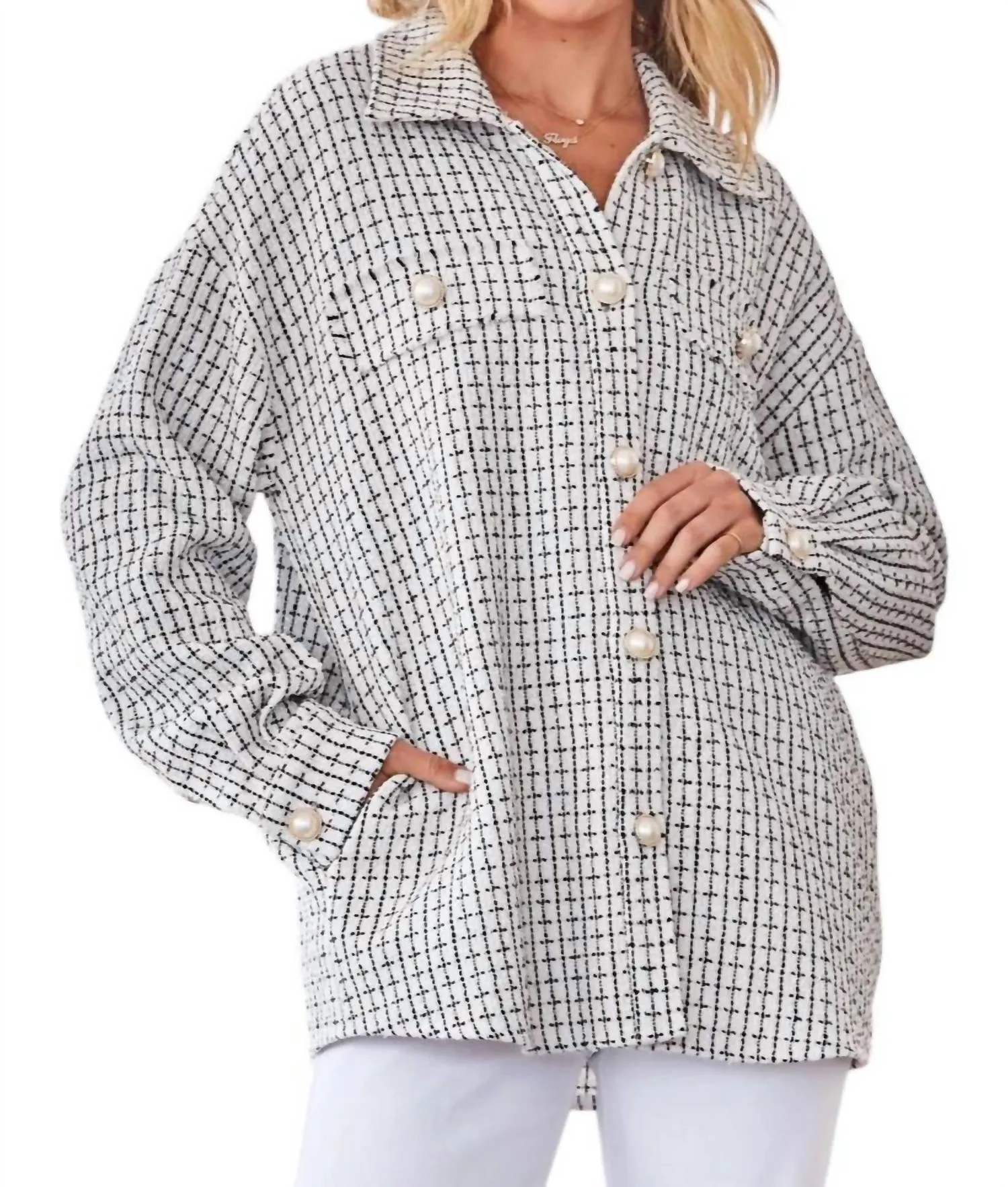 Fall For You Tweed Shacket In Ivory/black