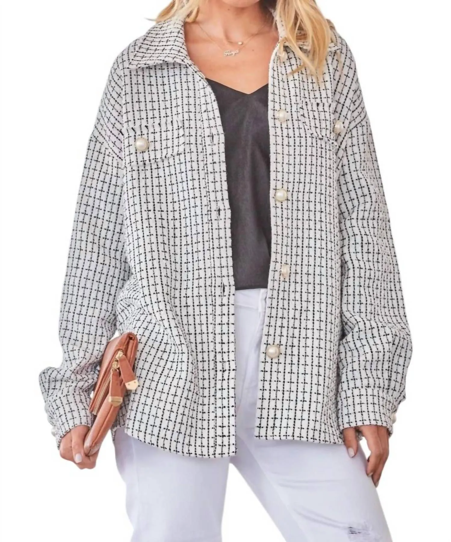 Fall For You Tweed Shacket In Ivory/black