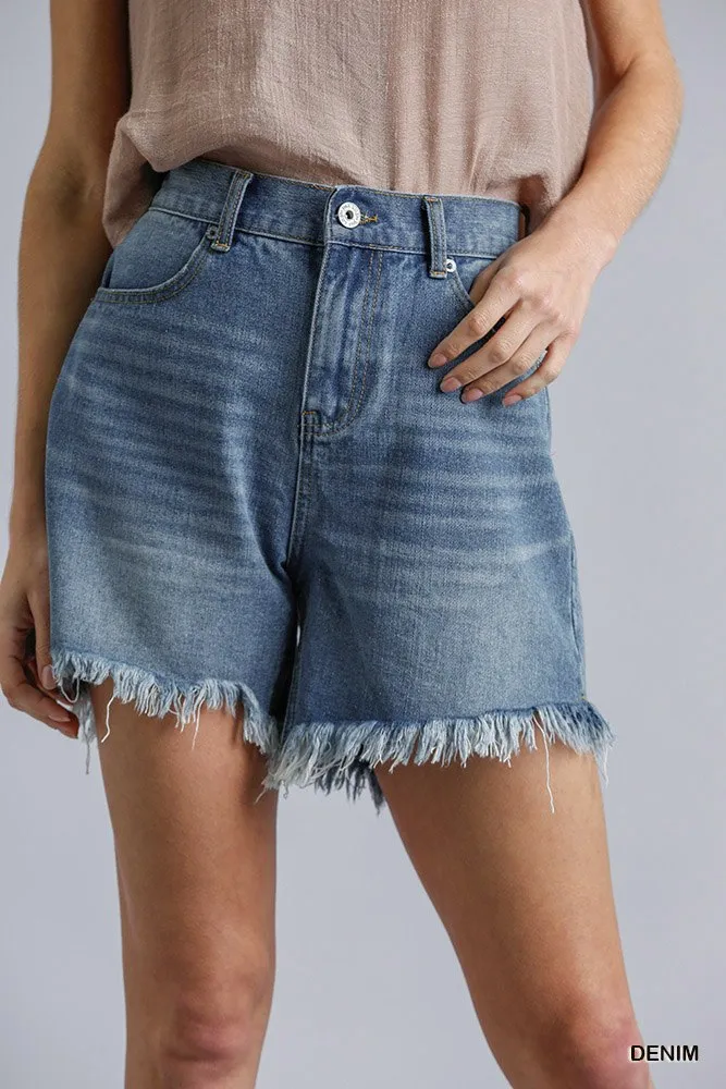 FASHNZFAB High Rise Denim Shorts With Raw Hem