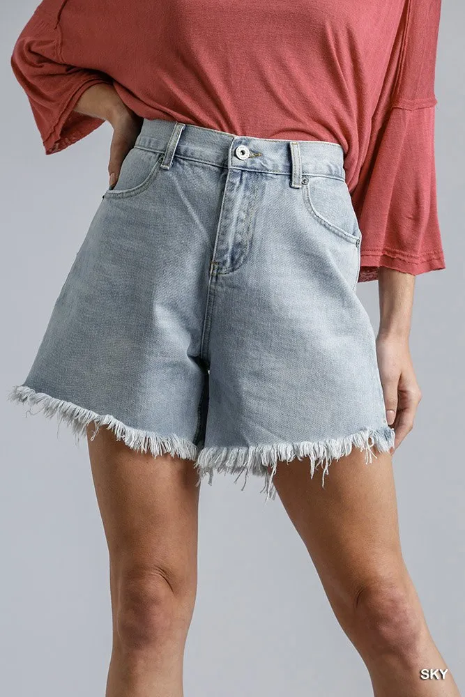 FASHNZFAB High Rise Denim Shorts With Raw Hem