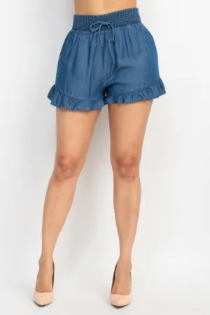 FASHNZFAB Women's Smocked Waist Ruffled Denim Shorts