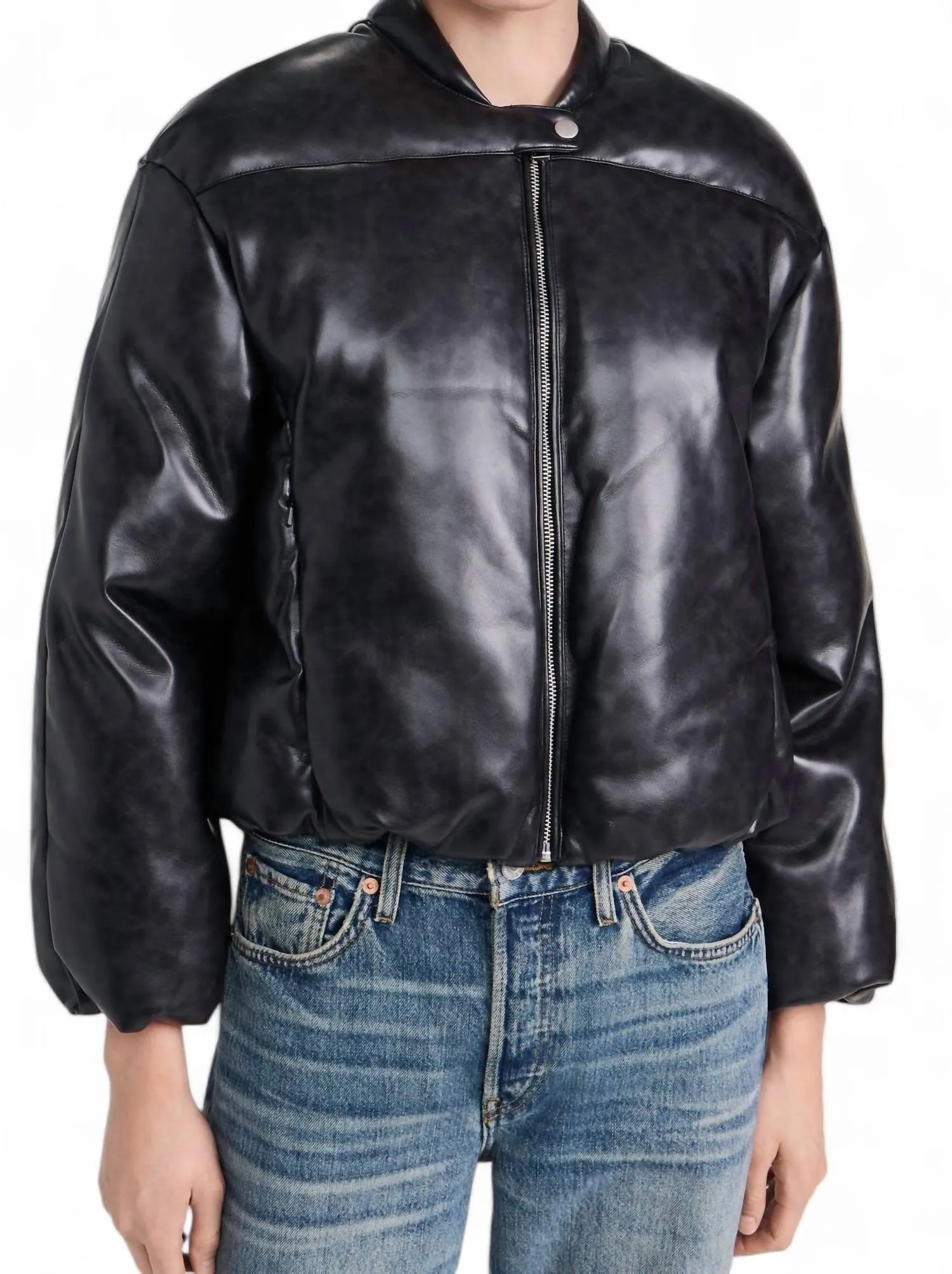 Faux Leather Gigi Padded Cropped Bomber Jacket In Black