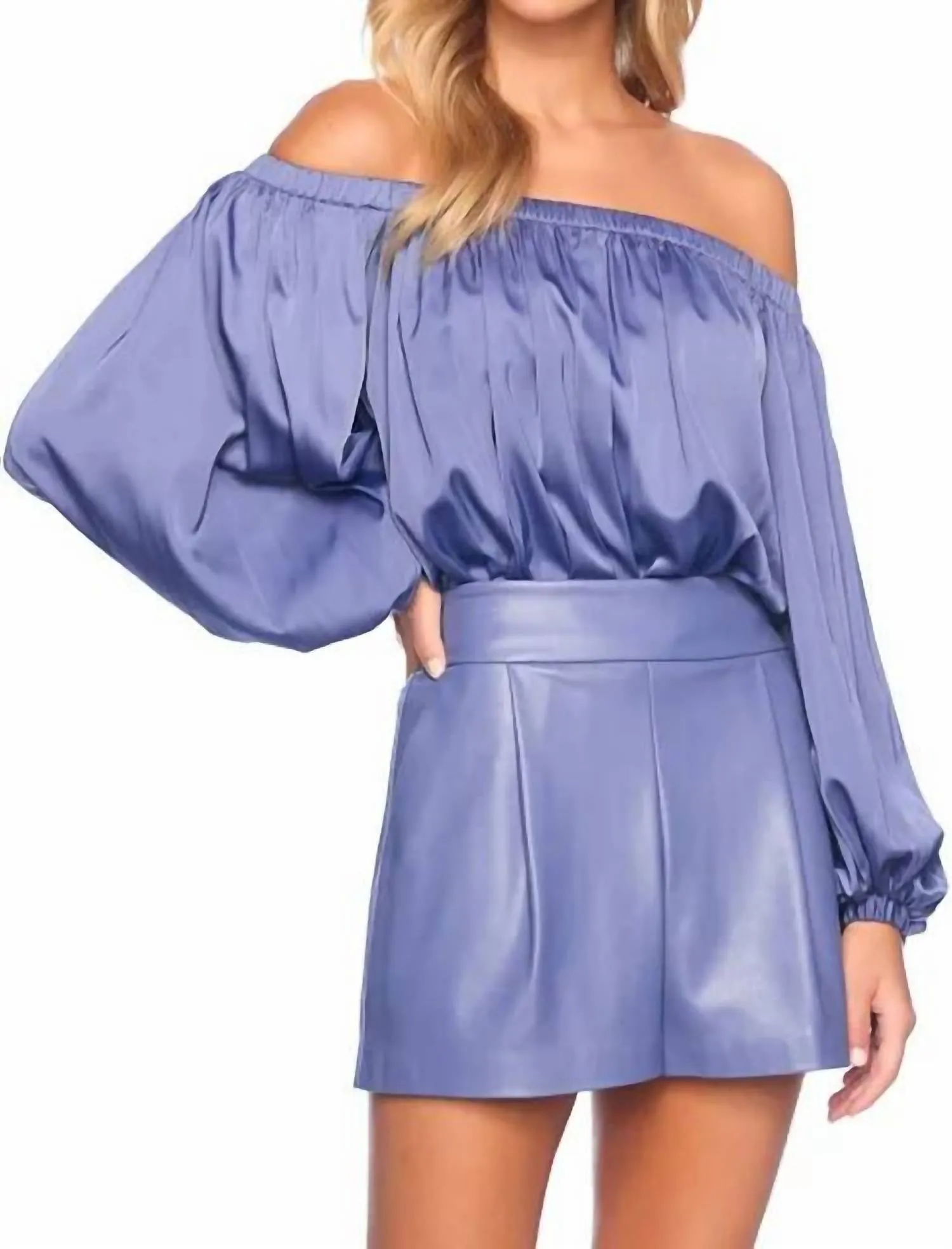Faux Leather Pleated Shorts In Mediterranean
