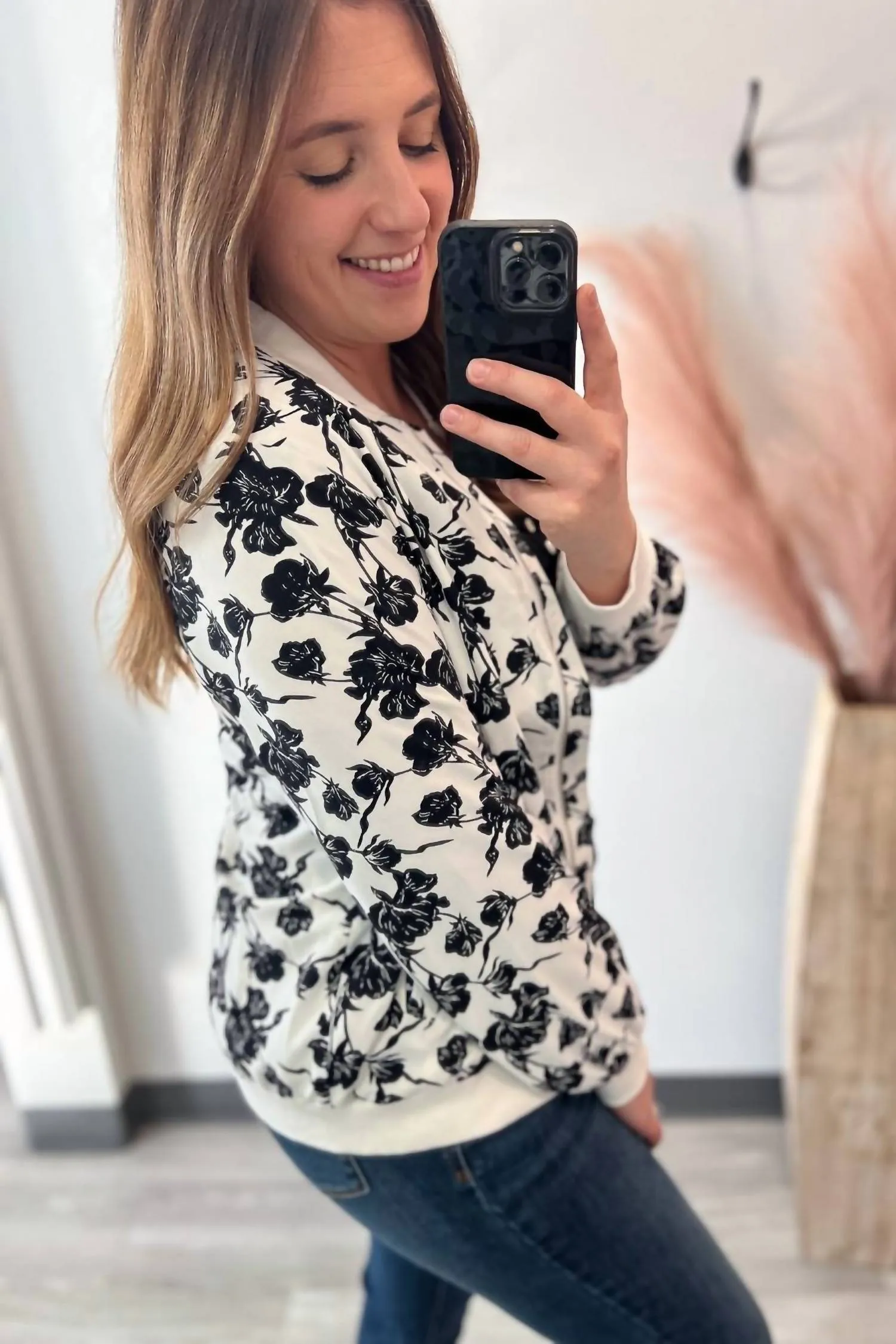 Floral Bomber Jacket In White, Black