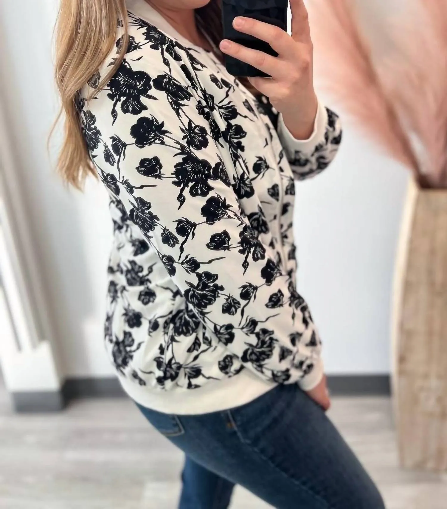 Floral Bomber Jacket In White, Black