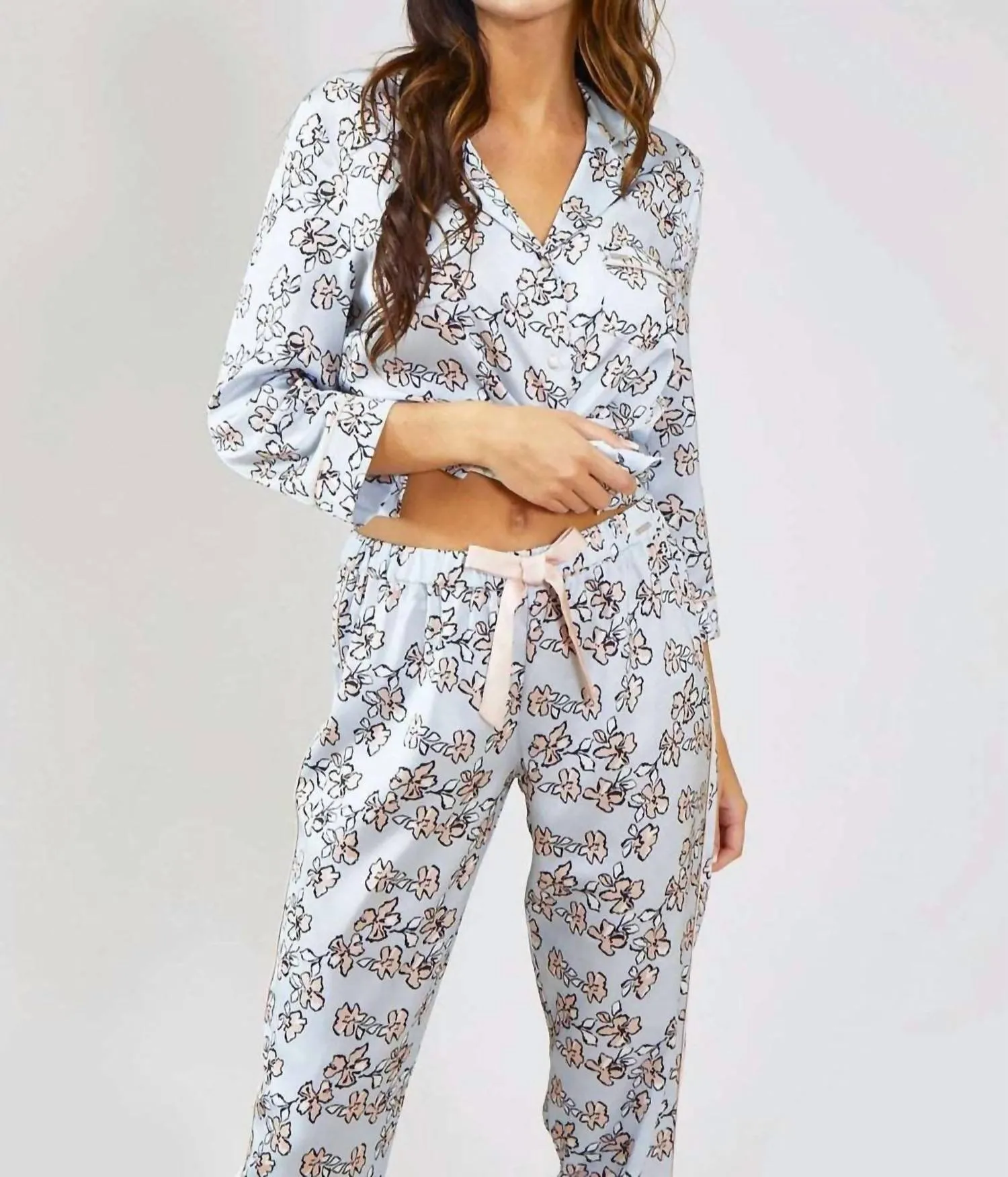 Floral Print Pajama Set In Duck Egg