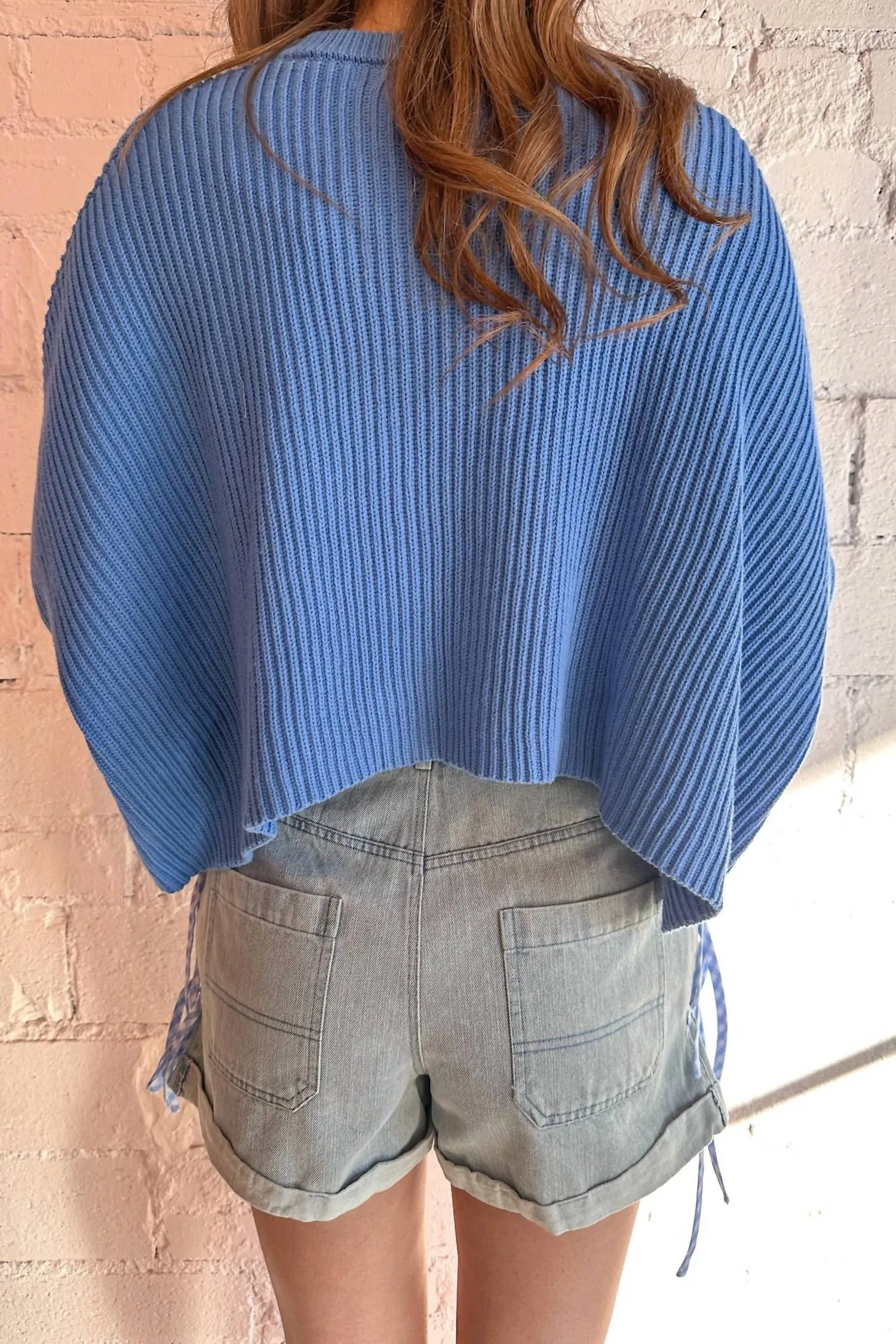Gingham Detail Denim Short In Light Blue