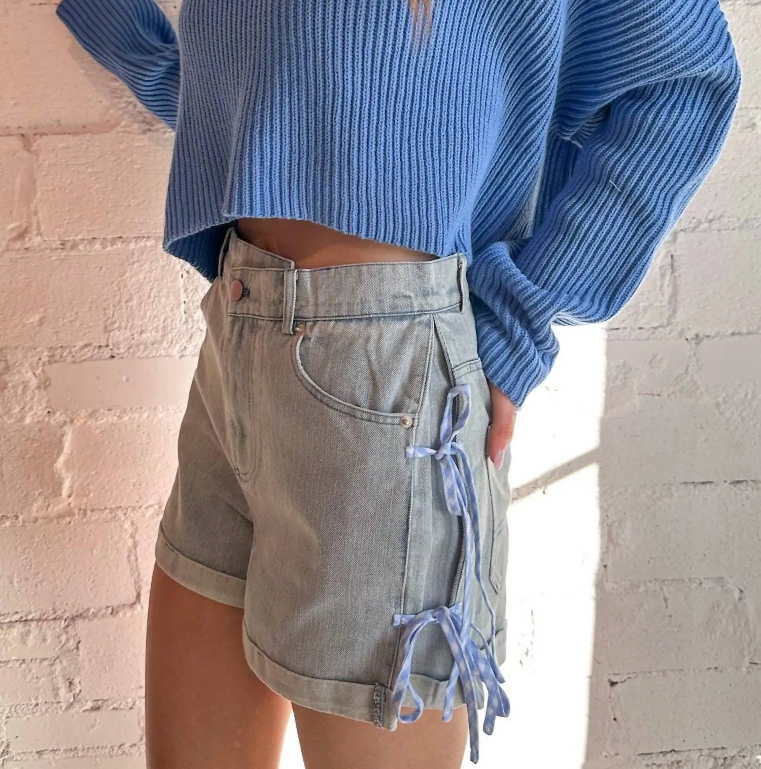 Gingham Detail Denim Short In Light Blue