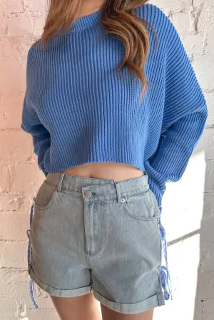 Gingham Detail Denim Short In Light Blue