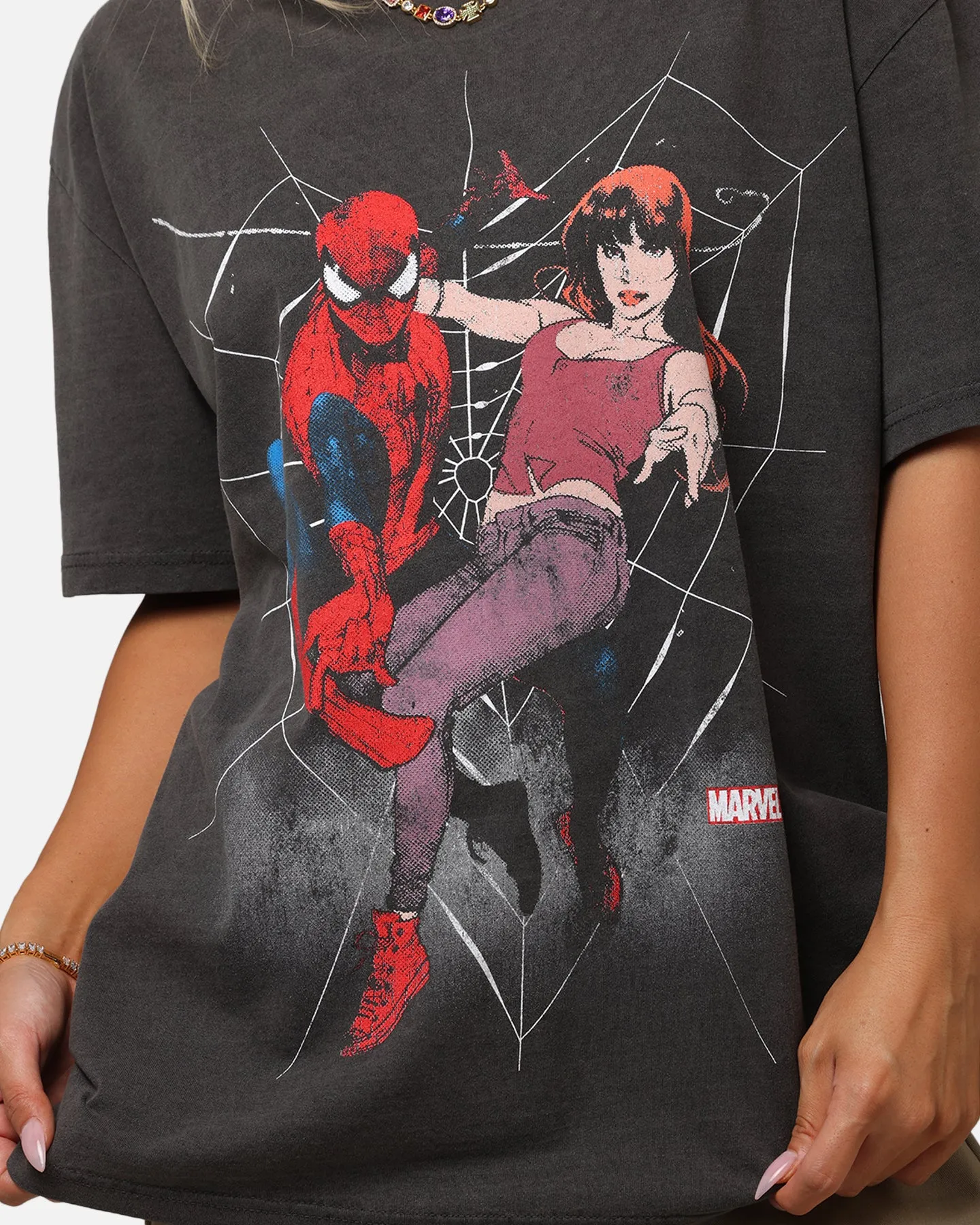 Goat Crew Marvels Spider-Man Peter Parker & MJ Heavy T-Shirt Black Wash