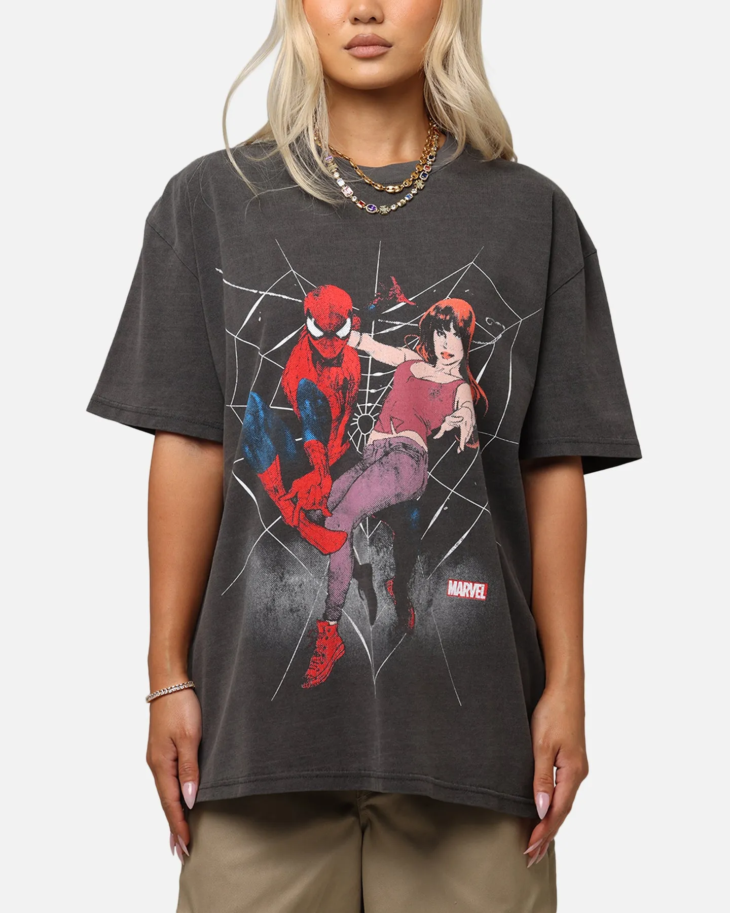 Goat Crew Marvels Spider-Man Peter Parker & MJ Heavy T-Shirt Black Wash