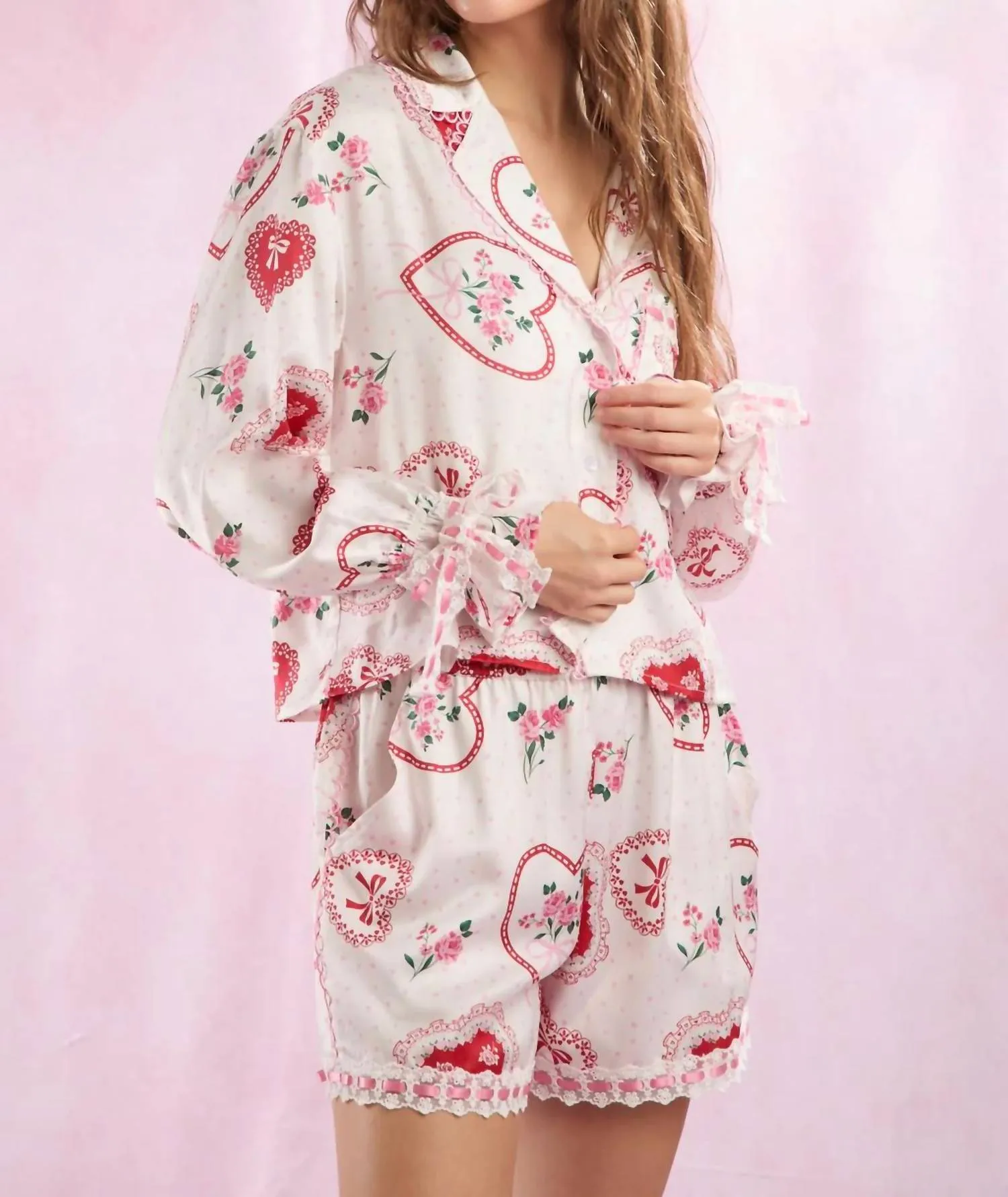 Heart Lace Satin Pajama Set In White/pink