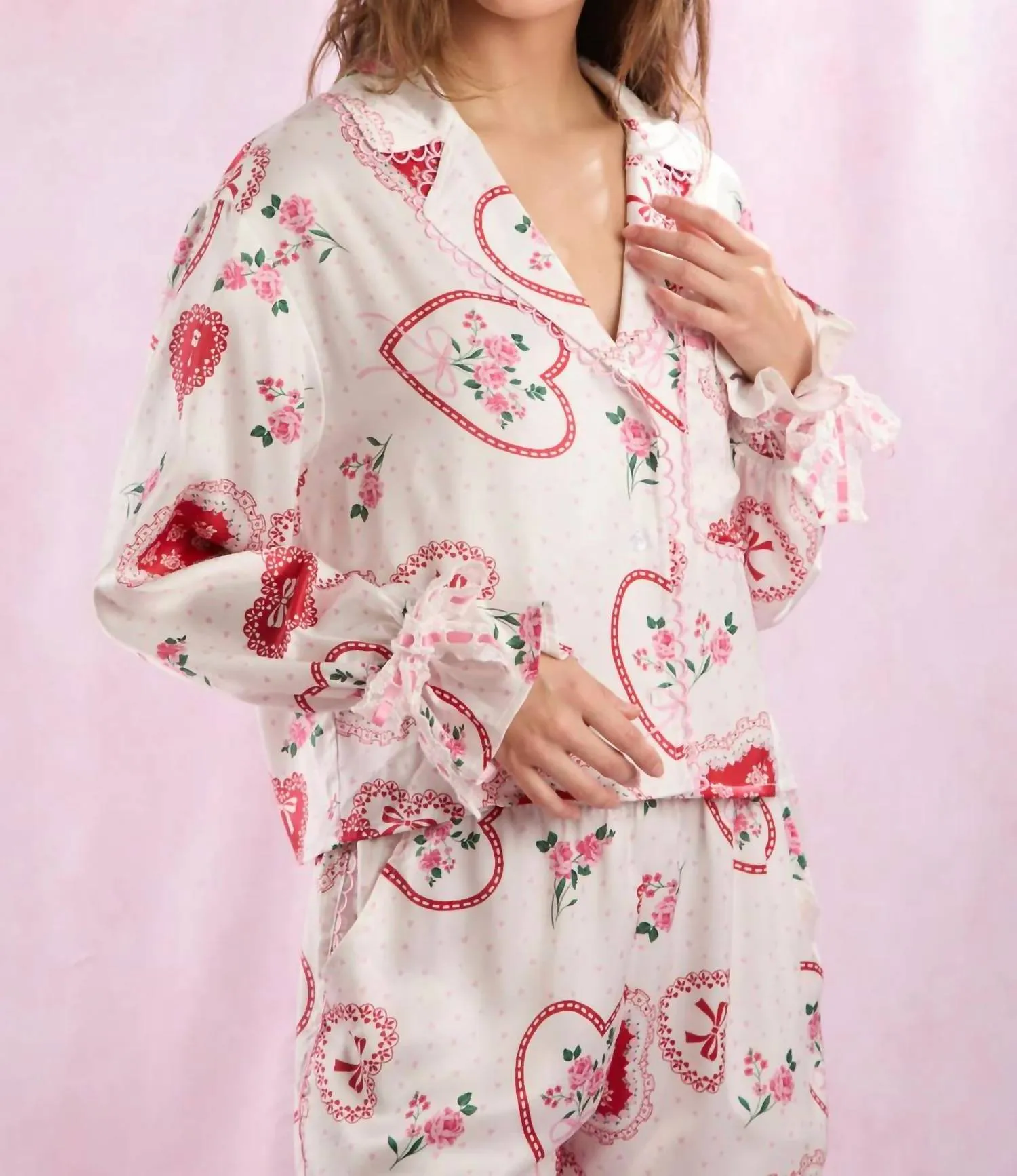 Heart Lace Satin Pajama Set In White/pink